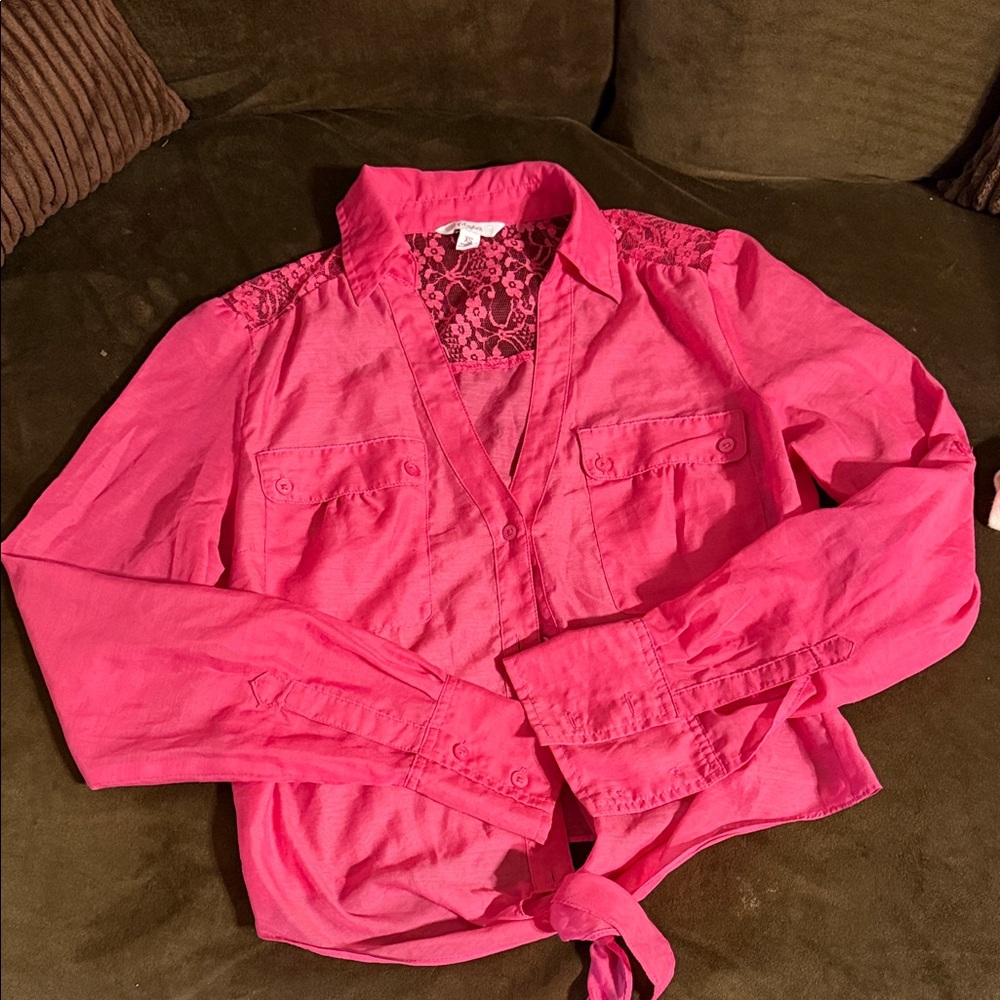 CANDIES Pink Button-Up Blouse with Lace Detail